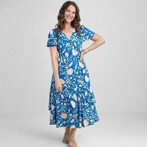 NWT Knox Rose Boho Blue Floral Wrap Midi Dress Puff Sleeve Tiered Skirt Pockets
